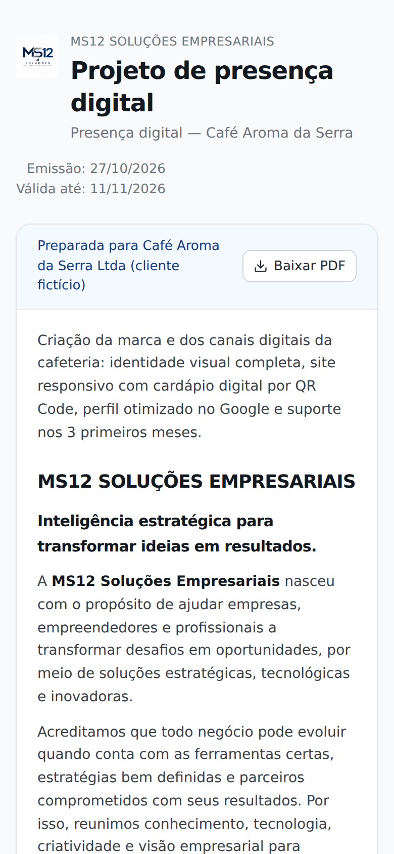 A mesma proposta aberta no celular do cliente